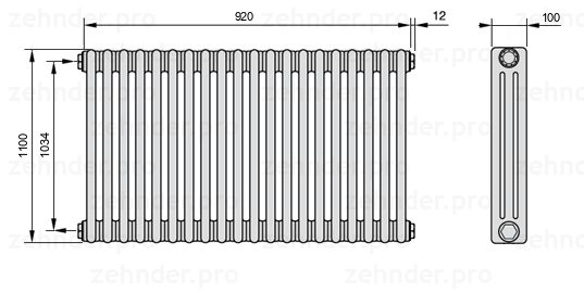 Схема (чертеж) Радиатор Zehnder Charleston 3110/20 №1270 Белый глянцевый RAL 9016